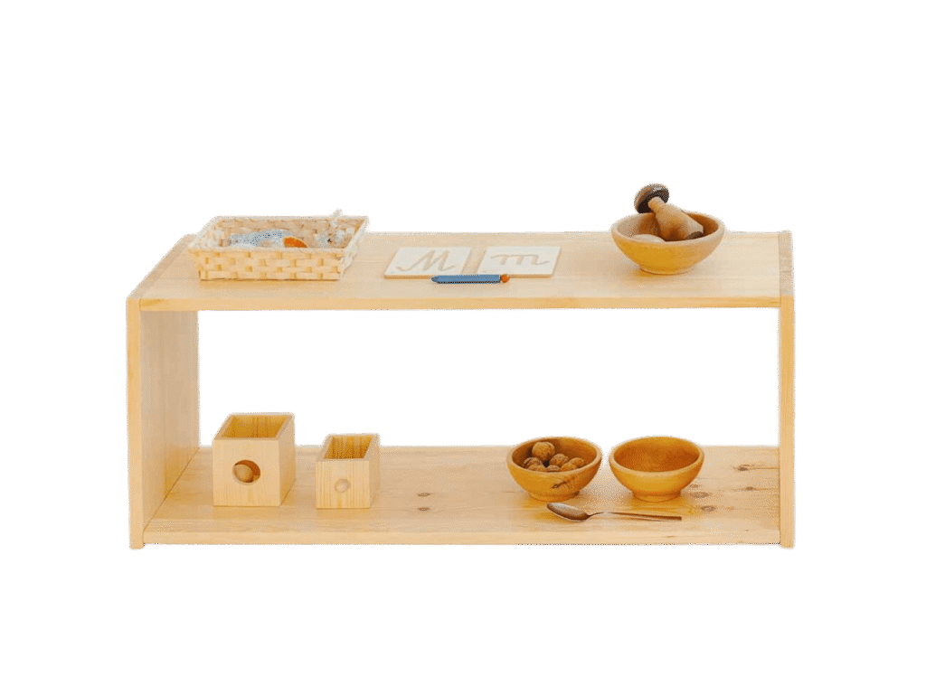 Prosty regał na pomoce Montessori i zabawki – 2 półki